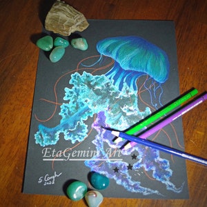 Jellyfish Colored Pencil Art Drawing, 8x10&quot;, Nature Illustration