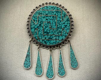 Taxco Mexico Sterling Silver Brooch Pendant w/Turquoise Inlay