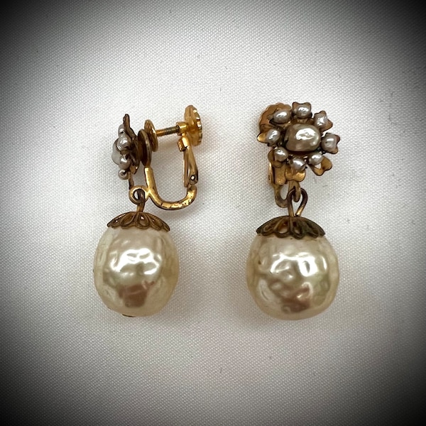 Miriam Haskell Faux Baroque Pearl Drop Dangle Earrings