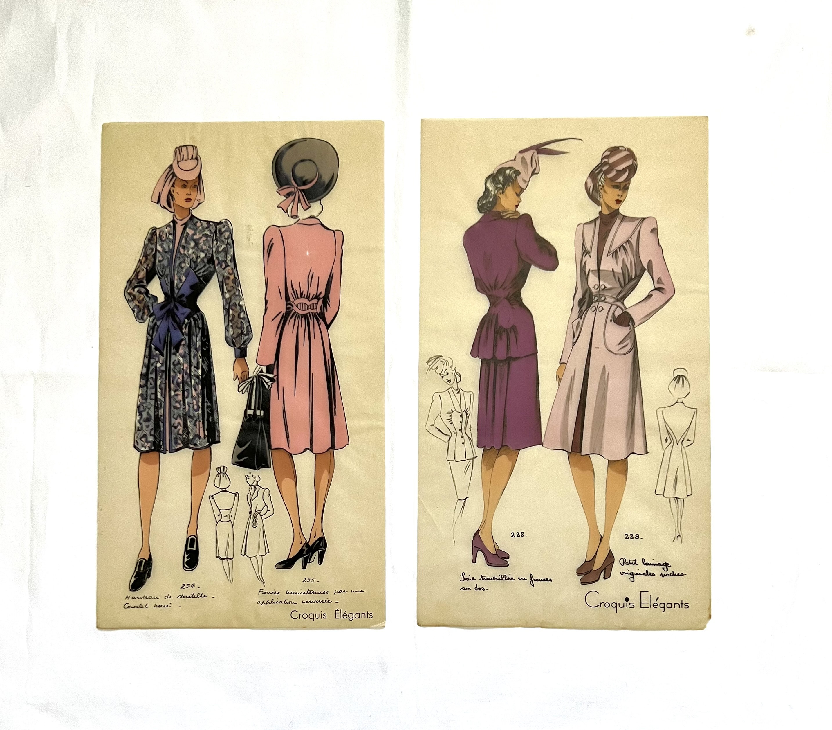 2 Hand Colored Croquis Elegants French Fashion Plates