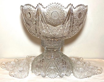 Massive ABCG Cut Crystal Pedestal Punch Bowl Set