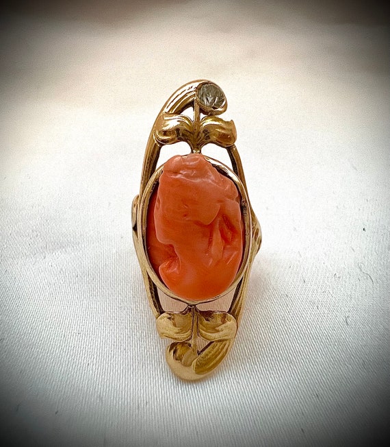 Victorian Carved Coral Cameo Ring Diamond 14k Gold