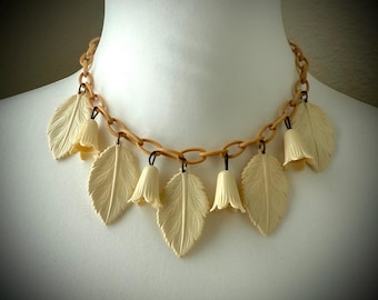 1930’s Celluloid Bib Charm Necklace Leaves & Flowers