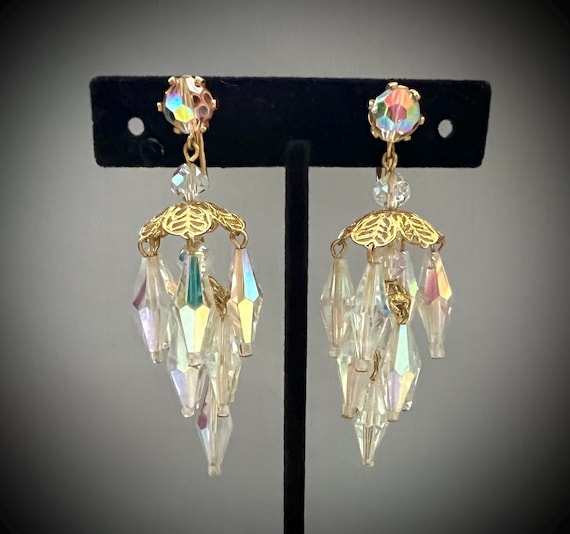 Aurora Borealis Crystal Chandelier Dangle Clip on Earrings