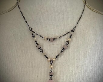 Rose Quartz Freshwater Pearl & Sterling Silver Festoon Necklace