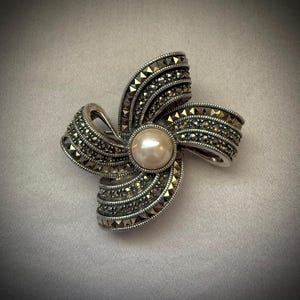 Sterling Silver Marcasite & Faux Pearl Brooch by Judith Jack