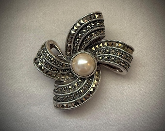 Sterling Silver Marcasite & Faux Pearl Brooch by Judith Jack