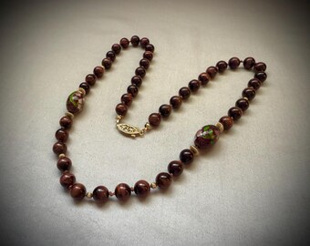 Tiger’s Eye & Cloisonne Bead Necklace w/ 14k GF Clasp