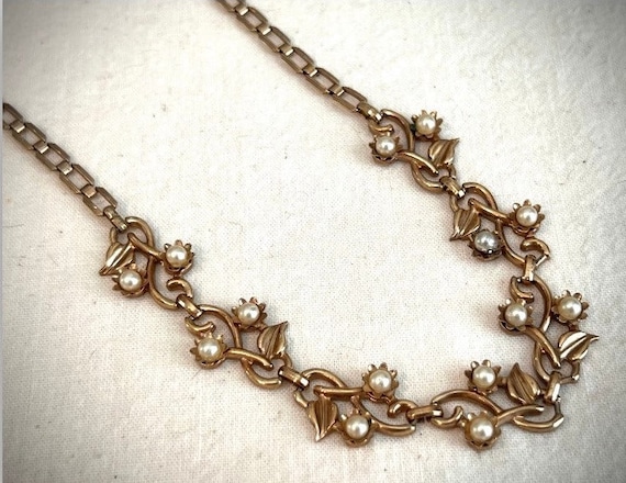 Gold Tone & Faux Pearl Flower Collar Necklace - image 1