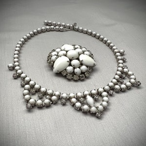 White Milk Glass & Rhinestone Necklace Brooch Set