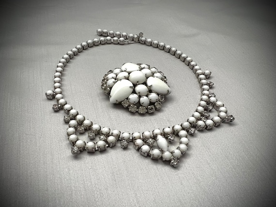 White Milk Glass & Rhinestone Necklace Brooch Set - image 1