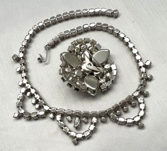 White Milk Glass & Rhinestone Necklace Brooch Set - image 3