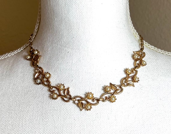 Gold Tone & Faux Pearl Flower Collar Necklace - image 2