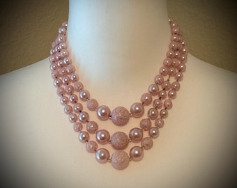 1960’s Blush Pink 3 Strand Prom Queen Necklace