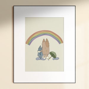 Art mural pour enfants | Exposition canine bleue | Pluie | Téléchargement numérique | Chambre d'enfant moderne, bohème et neutre, arc-en-ciel, soeurs chien bleu, imprimé
