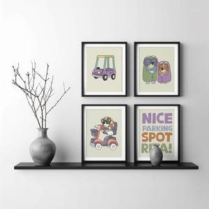 Kids Wall Art SET OF 4 | Blue Dog Show | Granny Set | Digital Download | Modern, Boho, Neutral Kids Room, Blue Dog Sisters, Print