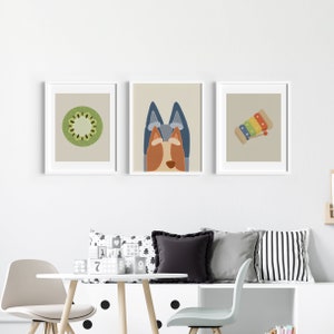 Kids Wall Art SET OF 3 | Blue Dog Show | Digital Download | Modern, Boho, Neutral Kids Room, Blue Dog Sisters, Kiwi, Xylophone, Australian