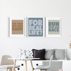 Kids Wall Art SET OF 3 | Blue Dog Show | For Real Life | Quotes | Big Girl Bark | Digital Download | Kids Room, Blue Dog Sisters, Print