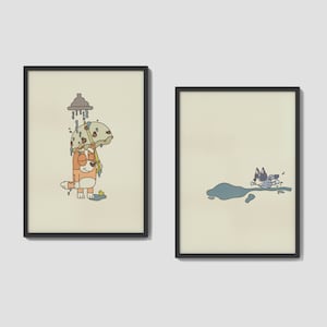 Kids Wall Art SET OF 2 | Bath Pair | Blue Dog Show | Digital Download | Modern, Boho, Neutral Kids Room, Blue Dog Sisters, Bathroom, Water