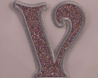 Embroidered Glitter Pink Retro Bubble Monogram Letter V Applique Patch Iron On