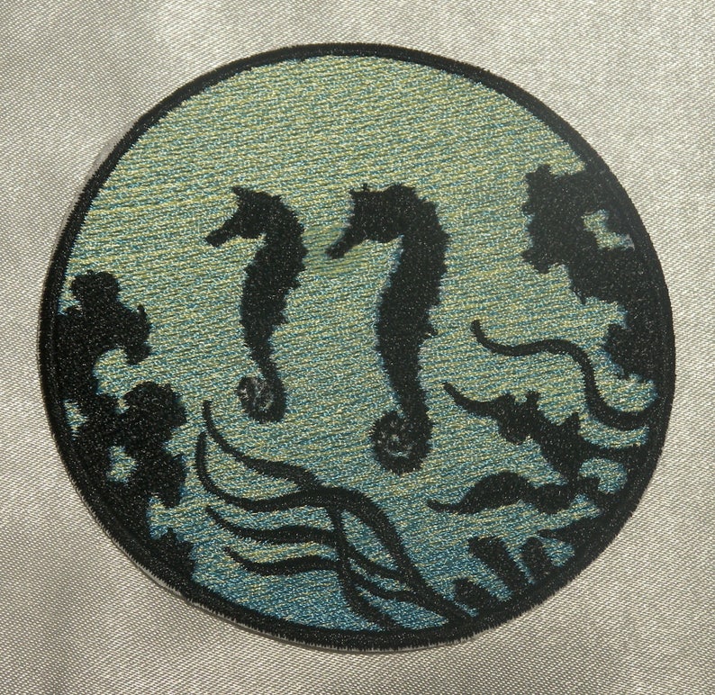 Embroidered Seahorses Ocean Silhouette Blue Ombre Circle Patch Iron On Sew USA
