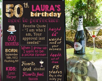60th 50th 30th 40th Birthday Chalkboard, custom DIGITAL file, printable adult Birthday Sign, birthday facts  poster, sweet 16 birthday board