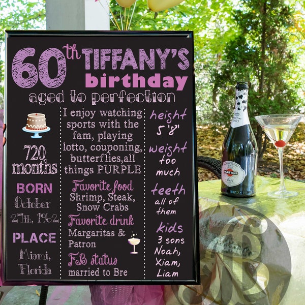 60th 50th 30th 40th Birthday Chalkboard, custom DIGITAL file, printable adult Birthday Sign, birthday facts  poster, sweet 16 birthday board