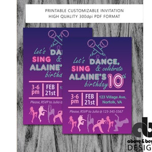 May include: Purple and pink invitation with neon pink text that says "Let's Dance, Sing & Celebrate Alaine's 10th Birthday". The invitation has a microphone graphic and silhouettes of people dancing.