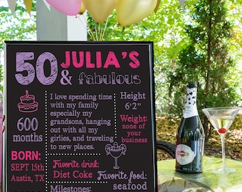 60th 50th 30th 40th Birthday Chalkboard, custom DIGITAL file, printable adult Birthday Sign, birthday facts  poster, sweet 16 birthday board
