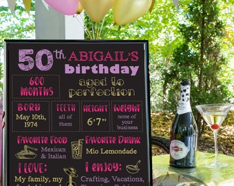 60th 50th 30th 40th Birthday Chalkboard, custom DIGITAL file, printable adult Birthday Sign, birthday facts  poster, sweet 16 birthday board