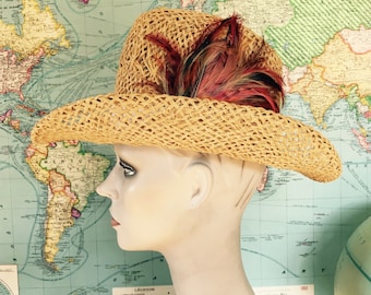 Vintage Scala Straw Hat Upcycled Painted Beadsbird, Feathers  display picture 1