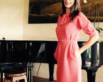 Vintage Boucle Belted Dress: Jackie O. Style, Tie-Neck Collar