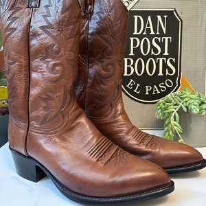 1980s Dan Post Brown Cowboy Boots, Made in USA, Original Box