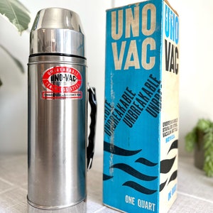 1970s Uno-Vac One Quart Unbreakable Stainless Steel Thermos Made in USA