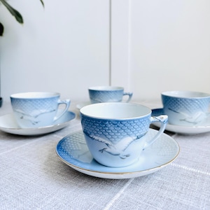 80s Vintage B&G Kjobenhavn Denmark Seagull Teacup Saucer Set of 4, Wedding Gift, Replacement Sets, Made in Denmark