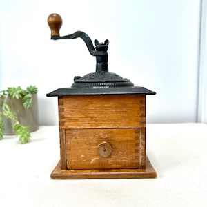 Antique Wood + Cast Iron Tabletop Coffee Bean Hand Crank Grinder