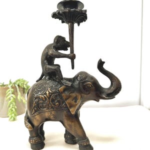 Vintage Bronze Monkey Riding Elephant Candlestick Holder