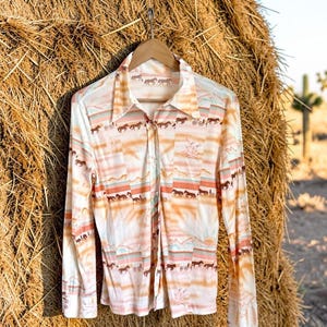 May include: A long-sleeve button-down shirt featuring a repeating pattern of horses and wagons against a landscape of orange, peach, and teal horizontal stripes. The shirt has a pointed collar, a front button placket, and buttoned cuffs.