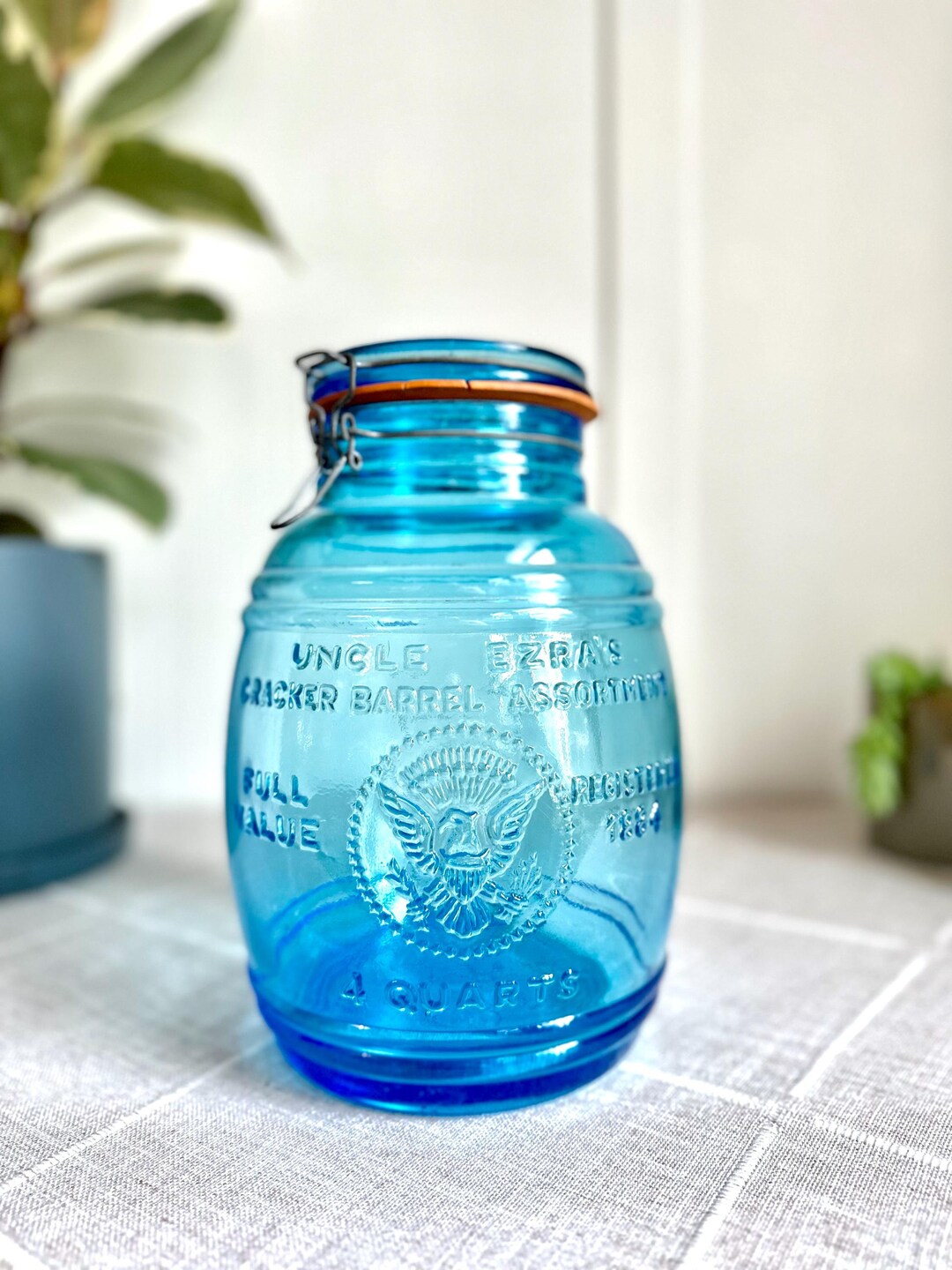 1966 Uncle Ezra's Cracker Barrel Association Blue Glass Cookie Jar