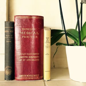 May include: Three vintage hardback books with red, black and yellow covers. The book titles are "Domestic Medical Practice", "Transactions of the Medical Society of the State of New York 1870", and "Raise High the Alarm of Our Oppressions".