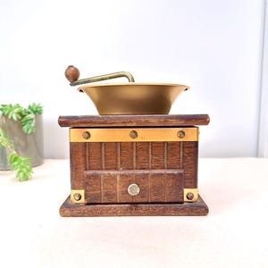 Vintage Wood Coffee Grinder with Brass-Tone Top & Drawer
