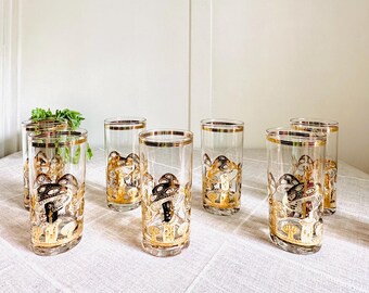 1960s Culver 22k Gold Mushroom Highball Cocktail Glasses Set of 9