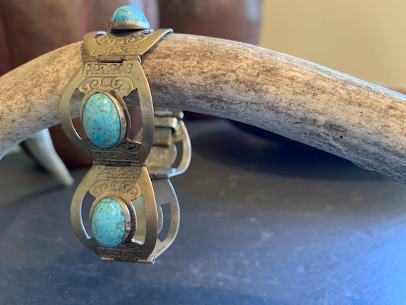 Vintage Silver & Turquoise Hinge Bracelet - MEXICO