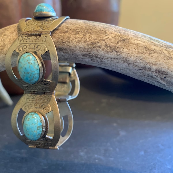 Vintage Silver & Turquoise Hinge Bracelet - MEXICO