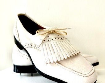 ◇Castelbajac◇ Retro leather women's tassel golf shoes 24GS vintage white leather golf shoes with tassels. 1970s lace up