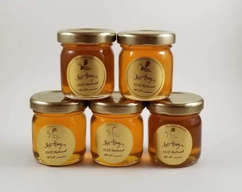 Set of ten Raw Honey 2 oz Glass Round Mini Jar Wildflower. Honey Favors- Wedding, Baby Shower, Engagement, Bridal Showers.
