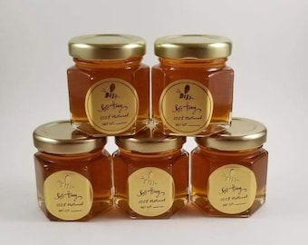 Set of ten raw honey 2 oz glass mini hexagon jar. Wildflower honey. Honey Favors- Wedding, Baby Shower, Engagement, Bridal Showers.