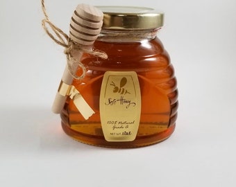 Raw honey glass skep 12 oz Wildflower blossom - Long Island, NY. Cranberry blossom, Blueberry blossom, Bamboo blossom.Raw Honey Organic.