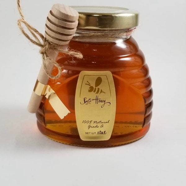 Raw honey glass skep 12 oz Wildflower blossom - Long Island, NY. Cranberry blossom, Blueberry blossom, Bamboo blossom.Raw Honey Organic.