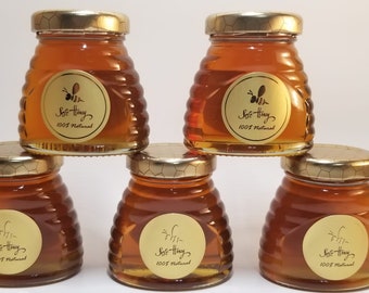 Set of ten raw honey 3 oz glass skep jar. Wildflower raw honey. Honey favors- wedding, baby shower, engagement, bridal showers, etc